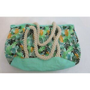 Beach Bag Rope Handles Tote Shopping Lined Packable Hawaiian Floral Green